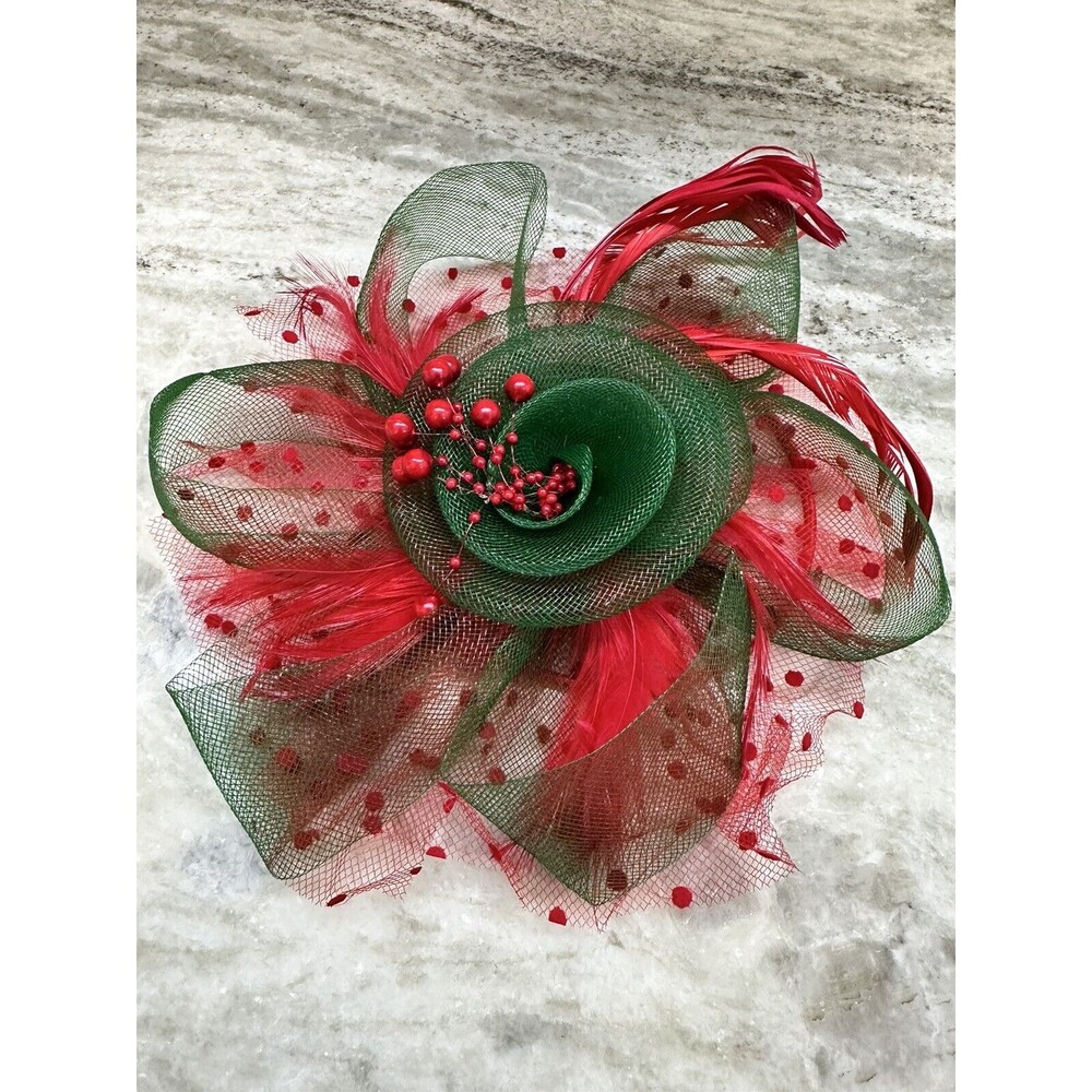 Green/Red Feather Mesh Fascinator Hat Clip/Band Wedding Tea Cocktail Party